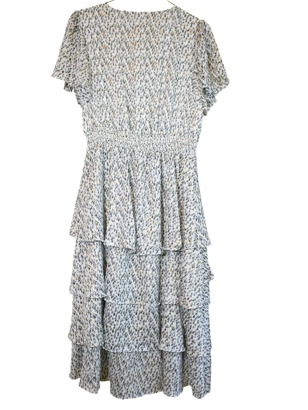 Vince Camuto Chiffon Layered Tiered Midi Dress V-Neck Abstract Print Large